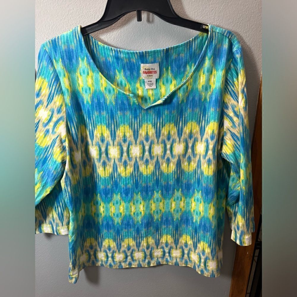 Ruby Red Favorites Multi Color Blue Green 3/4 Sleeve Cotton/ spandex Top Sz PXL - Picture 3 of 9